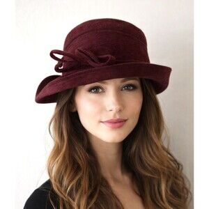 Vintage August Ruby Wool Cloche Hat w/ Upturn Brim & Bow 1920s Revival Y2K Style
